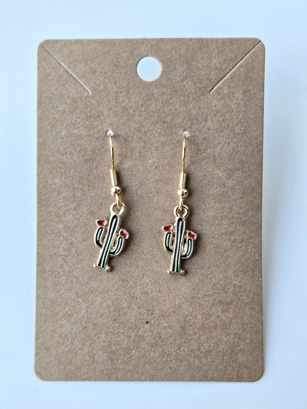 Gold Cactus Dangle Earrings - Green & Red